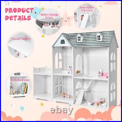 2-Tier Dollhouse Bookcase 2-in-1 Multi-Purpose Children's Wooden Bookshelf