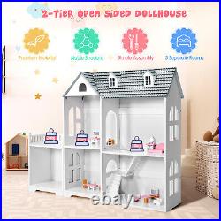 2-Tier Dollhouse Bookcase 2-in-1 Multi-Purpose Children's Wooden Bookshelf