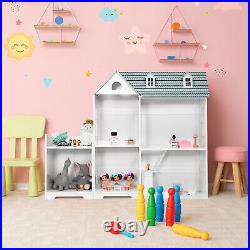 2-Tier Dollhouse Bookcase 2-in-1 Multi-Purpose Children's Wooden Bookshelf