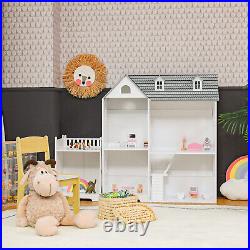 2-Tier Dollhouse Bookcase 2-in-1 Multi-Purpose Children's Wooden Bookshelf