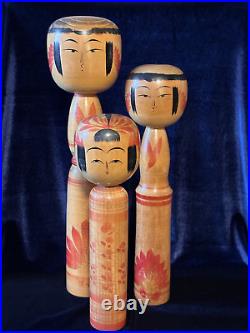 3 Japanese Kokeshi Doll Vintage Collectible Antique Wooden Art with Sign