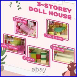 3 Storey Dolls House with 13 Piece Wooden Furniture Play Set for 3-6 Years