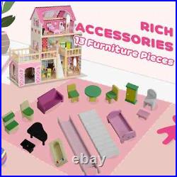 3 Storey Dolls House with 13 Piece Wooden Furniture Play Set for 3-6 Years
