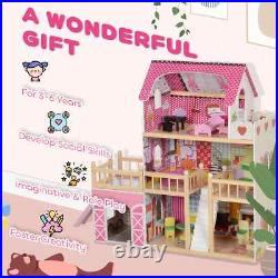 3 Storey Dolls House with 13 Piece Wooden Furniture Play Set for 3-6 Years