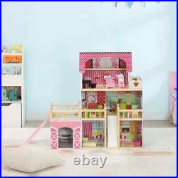 3 Storey Dolls House with 13 Piece Wooden Furniture Play Set for 3-6 Years