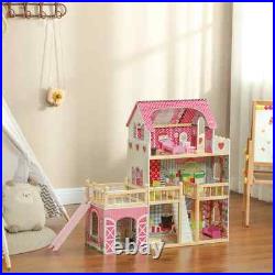 3 Storey Dolls House with 13 Piece Wooden Furniture Play Set for 3-6 Years