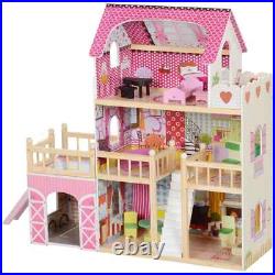 3 Storey Dolls House with 13 Piece Wooden Furniture Play Set for 3-6 Years
