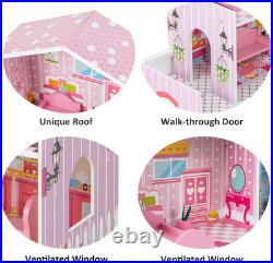 3-Storey Kids Dollhouse, Wooden Children Dolls House with Rich Furniture Access