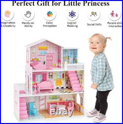 3-Storey Kids Dollhouse, Wooden Children Dolls House with Rich Furniture Access
