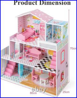 3-Storey Kids Dollhouse, Wooden Children Dolls House with Rich Furniture Access
