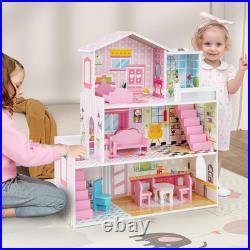 3-Storey Kids Dollhouse, Wooden Children Dolls House with Rich Furniture Access 3-Storey Kids Dollhouse, Wooden Children Dolls House with Rich Furniture Access