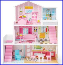 3-Storey Kids Dollhouse, Wooden Children Dolls House with Rich Furniture Access