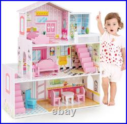3-Storey Kids Dollhouse, Wooden Children Dolls House with Rich Furniture Access