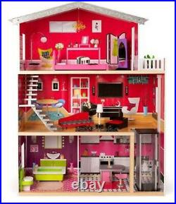 3 Storey Wooden Dolls Town House with 10 Furniture Accessories and 2 Floor Lift