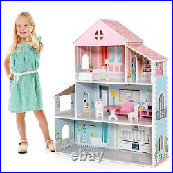 6 Rooms Wooden Dolls House Colorful Wallpaper 8 pieces exquisite Accessories