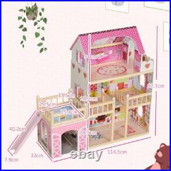 AIYAPLAY 3 Level Wooden Dolls House with 13 Furniture Pieces Kids Play Set Toy