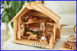 Alder wooden dollhouse with furniture. Waldorf Dollhouse. Scale 124