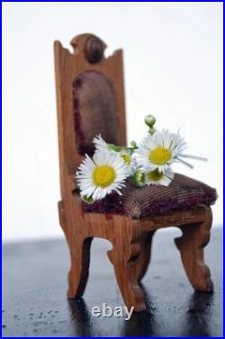 Antique German 19th Century Wooden Chair with Velvet Toy Doll House
