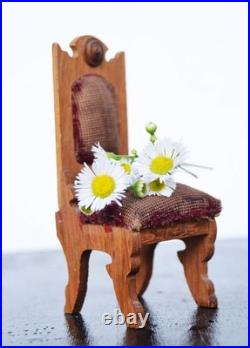 Antique German 19th Century Wooden Chair with Velvet Toy Doll House