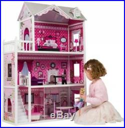 Big 3 Floor Dollhouse Wooden Toddler Girl Doll House with Furniture Mansion Pink