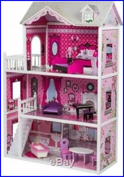Big 3 Floor Dollhouse Wooden Toddler Girl Doll House with Furniture Mansion Pink