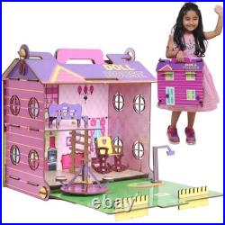 Big Wooden Doll House for Girls Foldable, Easy to Carry Colorful Dollhouse w