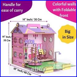 Big Wooden Doll House for Girls Foldable, Easy to Carry Colorful Dollhouse w