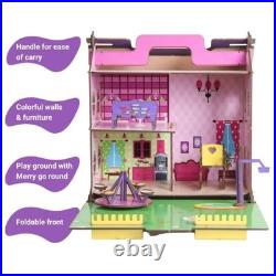 Big Wooden Doll House for Girls Foldable, Easy to Carry Colorful Dollhouse w