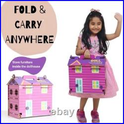 Big Wooden Doll House for Girls Foldable, Easy to Carry Colorful Dollhouse w