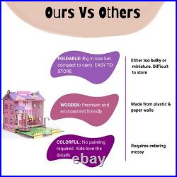 Big Wooden Doll House for Girls Foldable, Easy to Carry Colorful Dollhouse w