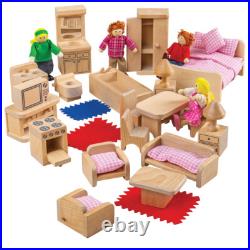 Bigjigs Toys Wooden Doll House Furniture Set & 4 Person Doll Family Bigjigs Toys Wooden Doll House Furniture Set & 4 Person Doll Family