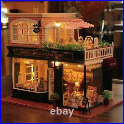 DIY Miniature Dollhouse Realistic Furniture Kit Wooden Coffee & Cake Shop Light