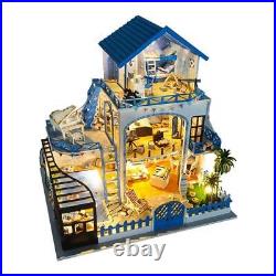 DIY Wooden Miniature Doll House Blue Sea House Kit Toy Festival Gift
