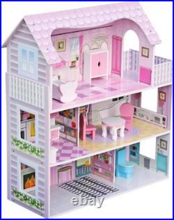 Delightful Wooden Doll House with 9 Furniture Pieces & Staircase for Girls 3-8 Delightful Wooden Doll House with 9 Furniture Pieces & Staircase for Girls 3-8