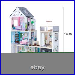 Doll House 3-Floor Wooden with 18 Accessories, Spiral Staircase, Slanted Roof