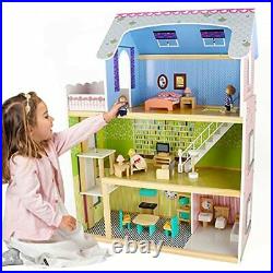 Dollhouse with Furniture for Kids, Wooden Pretend Play Doll House Kit