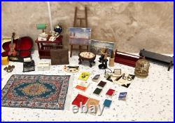 Dolls House 112th Violin Easel Typewriter Briefcase Books Lamp 50+ pc Study Set