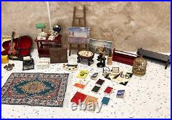 Dolls House 112th Violin Easel Typewriter Briefcase Books Lamp 50+ pc Study Set