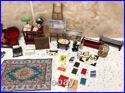 Dolls House 112th Violin Easel Typewriter Briefcase Books Lamp 50+ pc Study Set