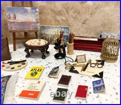 Dolls House 112th Violin Easel Typewriter Briefcase Books Lamp 50+ pc Study Set Dolls House 112th Violin Easel Typewriter Briefcase Books Lamp 50+ pc Study Set