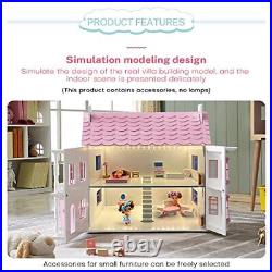 Dolls House, Wooden Doll House with 11 PCS Furniture Set and 3 Dolls I