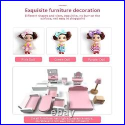Dolls House, Wooden Doll House with 11 PCS Furniture Set and 3 Dolls I