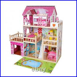 Dolls House Wooden XXL 3 Tier Dolls Mansion Doll House Dollhouse + Furniture + LED