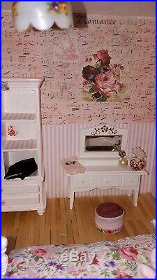 Dolls House, handmade wooden floor, roof, curtains, bedding, furnished