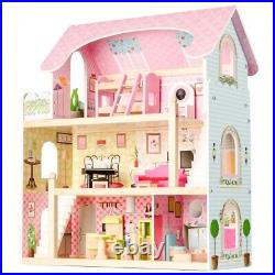 ECO-TOYS Wooden Dollhouse with Furniture and Accessories Large Playhouse for Kids