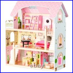 ECO-TOYS Wooden Dollhouse with Furniture and Accessories Large Playhouse for Kids