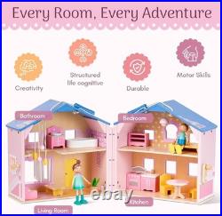 Exquisite Wooden Dollhouse with Dolls & Furniture Creative Play for Ages 3+