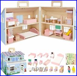 Foldable Wooden Doll House DIY Doll House with 3 Sticker Sheets for 2 Styles Foldable Wooden Doll House DIY Doll House with 3 Sticker Sheets for 2 Styles