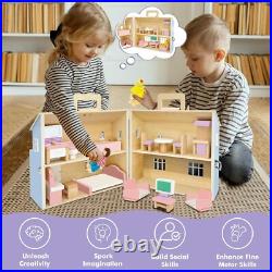 Foldable Wooden Doll House DIY Doll House with 3 Sticker Sheets for 2 Styles Foldable Wooden Doll House DIY Doll House with 3 Sticker Sheets for 2 Styles