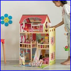 Gardenised Wooden Doll House with Toys and Furniture Accessories with LED Lig